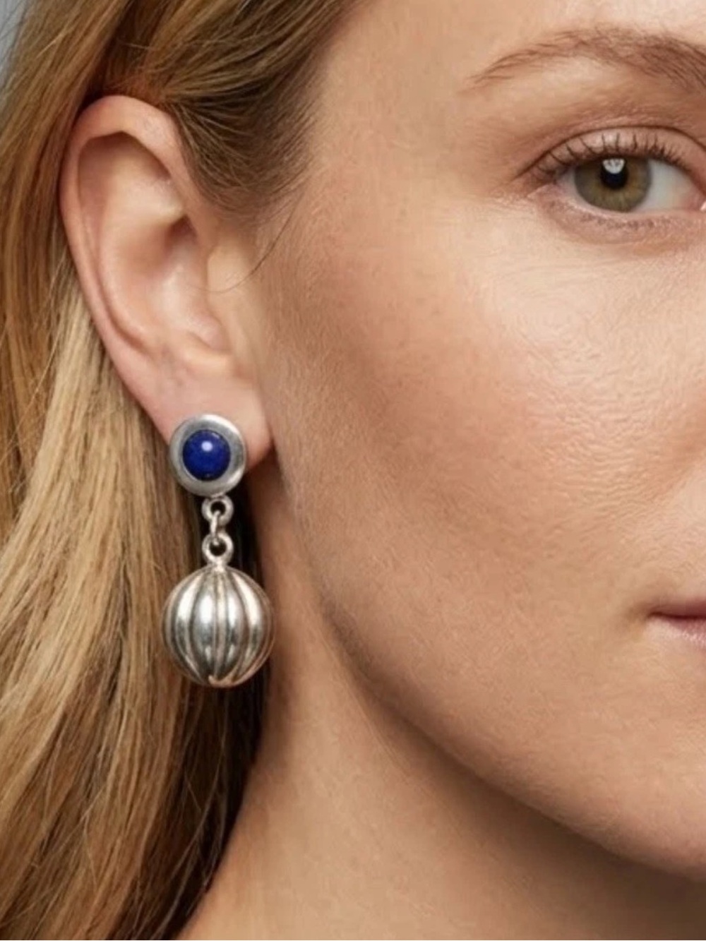Kamari Sterling Silver Lapis Lazuli Drop Ribbed Balls Dangle Earrings